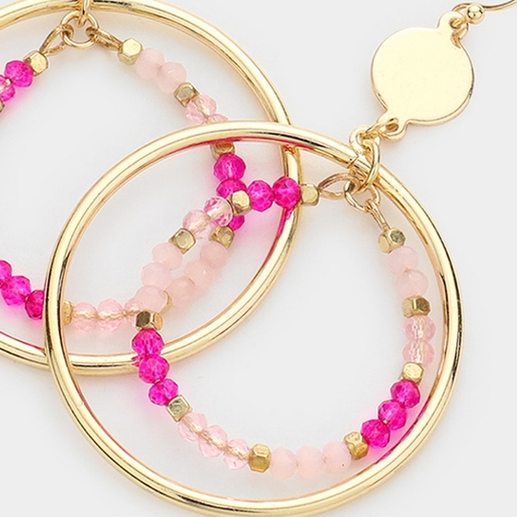 Pink Beaded Faceted Drop Hoop Dangle Earrings Fashion Statement Accessories - Picture 2 of 2